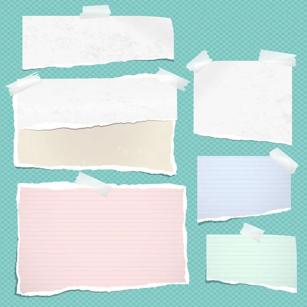 Papel branco e colorido rasgado do caderno, tiras rasgadas do papel da nota furadas no fundo quadrado turquesa. Ilustração vetorial —  Vetores de Stock
