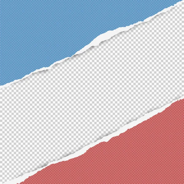 Gescheurd gekwadrateerde rood en blauw papier in hoeken zijn op witte achtergrond met ruimte voor tekst. Vectorillustratie — Stockvector