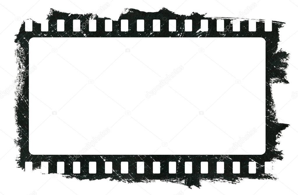 Grunge scratched dirty film strip, black watercolor frame is isolated on white background