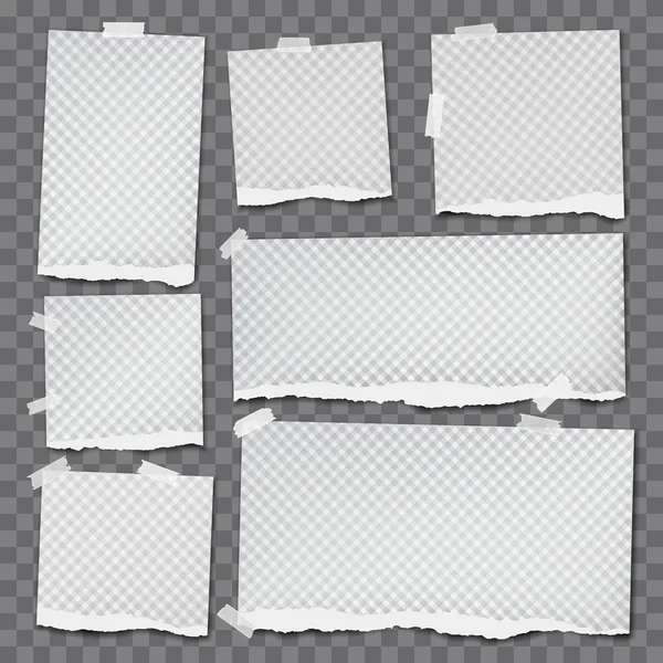 Set de notas rasgadas, tiras de papel cuaderno con patrón cuadrado pegadas con cinta adhesiva sobre fondo gris cuadrado. Ilustración vectorial — Vector de stock