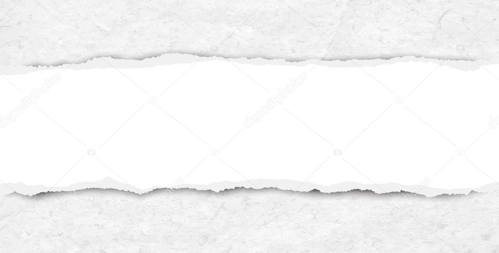 Piece of white torn horizontal paper strip is on recycled background. Vector template illustration