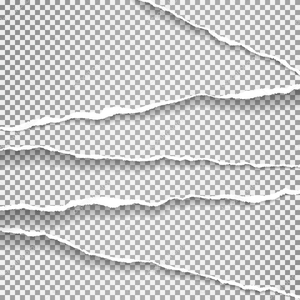 Torn and white diagonal paper strips with soft shadow are on squared background. Vector template illustration