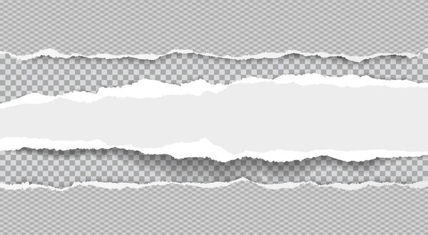 Рваные, разорванные, белые и прямоугольные бумажные полоски с мягкой тенью находятся на квадратном фоне. Векторный шаблон
