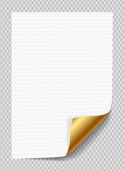 Papel de caderno forrado branco com canto curvado amarelo para texto ou mensagem publicitária em fundo quadrado cinza — Vetor de Stock