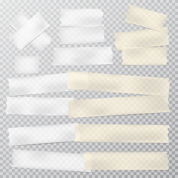 Bej ve beyaz yapışkan, yapışkan, maskeleme, metin için koli bandı şeritler kare gri arka plan üzerindedir. Vektör çizimi — Stok Vektör