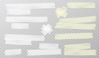 Sarı ve beyaz yapıştırıcı, yapışkan, maskeleme, koli bandı şeritleri kare gri arka planda. Vektör illüstrasyonu