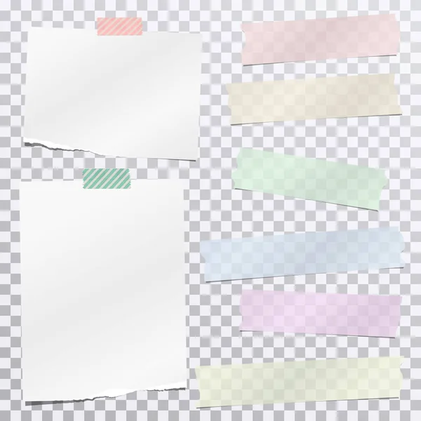 El adhesivo colorido, pegajoso, tiras de cinta adhesiva con la nota blanca rasgada, papel del cuaderno para el texto están en fondo gris cuadrado. Ilustración vectorial — Vector de stock