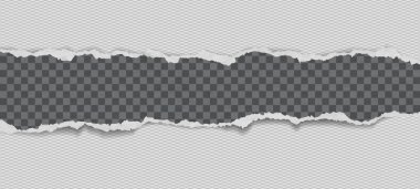 Black, torn, ripped, squared and horizontal grainy paper strip with soft shadow is on grey background. Vector template illustration clipart