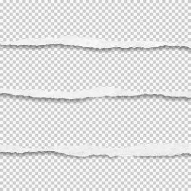 Yırtık, yırtık, beyaz ve yumuşak gölgeli yatay kağıt şeritler kare arka plan üzerindedir. Vektör şablonu çizimi