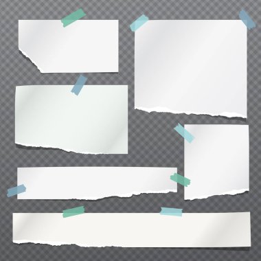 Yırtık not seti, siyah kare arka plan üzerinde yapışkan bant ile sıkışmış dizüstü kağıt şeritler. Vektör çizimi