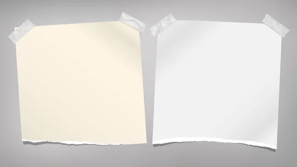 Note blanche et beige déchiré, papier pour ordinateur portable collé avec du ruban adhésif sont sur fond gris. Illustration vectorielle — Image vectorielle