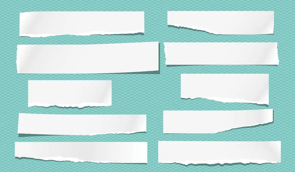 Ensemble de notes déchiré, bloc-notes bandes de papier blanc collé sur fond turquoise. Illustration vectorielle — Image vectorielle
