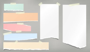 Yırtık beyaz ve renkli not, gri arka plan üzerinde yapışkan bant ile sıkışmış dizüstü kağıt şeritler. Vektör çizimi