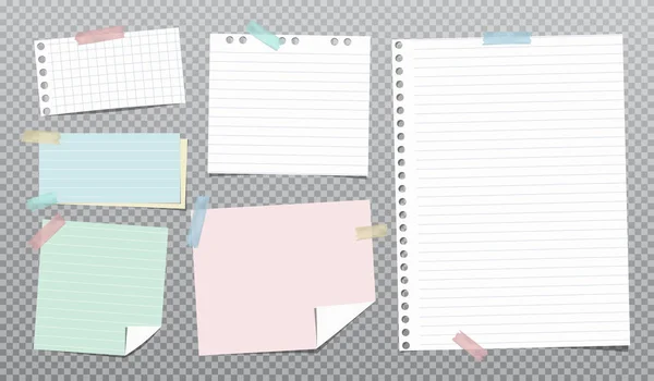 Blanco, nota colorida y forrada, papel cuaderno pegado sobre fondo cuadrado gris. Ilustración vectorial — Vector de stock