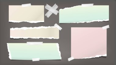 Renkli yırtık, yırtık not, dizüstü grenli kağıt şeritler, koyu arka plan üzerinde sıkışmış. Vektör çizimi