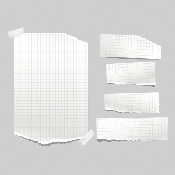 Conjunto de notas rasgadas al cuadrado, tiras de papel de cuaderno pegadas sobre fondo gris. Ilustración vectorial — Vector de stock