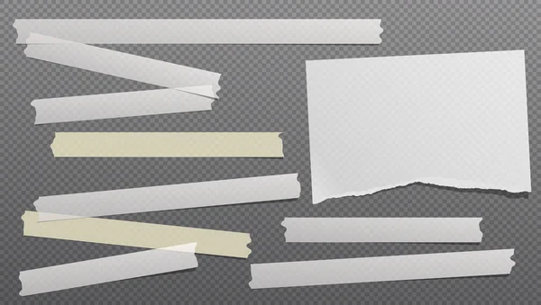 五颜六色的白色，黄色的胶粘剂，胶带和撕裂，撕开的便笺纸是在黑色方形的背景。矢量插图 — 图库矢量图片