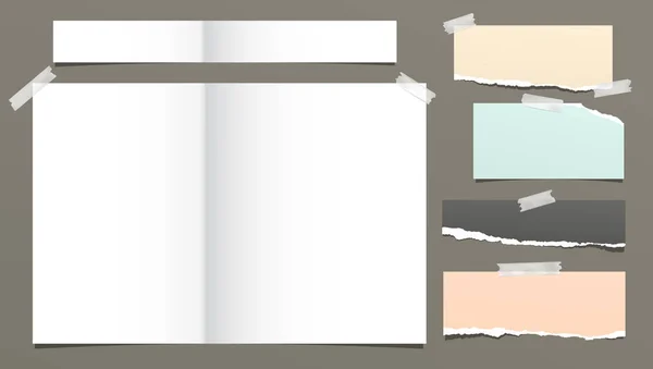 Folha de caderno branco, colorido rasgado, rasgado tiras de papel nota, preso com fita adesiva no fundo cinza. Ilustração vetorial —  Vetores de Stock