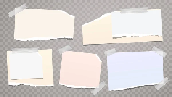 Color claro y blanco rasgado, nota rasgada, tiras de papel de cuaderno, pegado con cinta adhesiva en el fondo cuadrado. Ilustración vectorial — Vector de stock