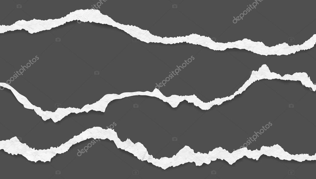 Torn white horizontal paper strips are on black background. Vector illustration