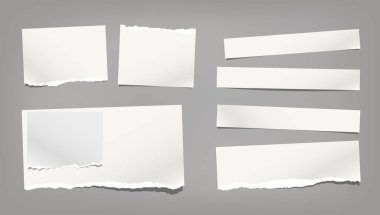 Beyaz yırtık, yırtık not, not defteri kağıt şeritler, copybook levha koyu gri arka plan üzerinde sıkışmış. Vektör çizimi