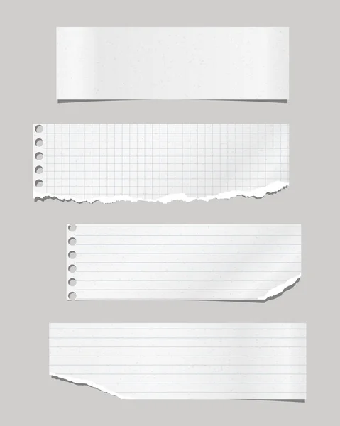 Set van gescheurd notitie, notebook bekleed, kwadraat papier strips geplakt op grijze achtergrond. Vector illustratie — Stockvector