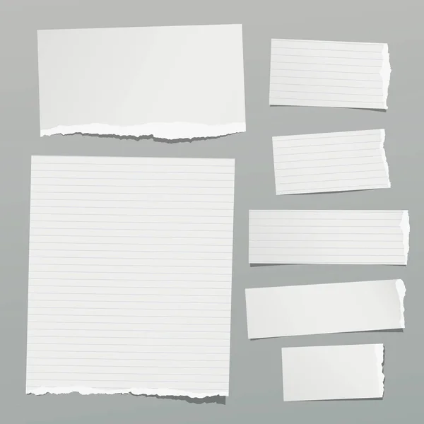 Conjunto de notas rasgadas, cuaderno forrado y hojas de papel en blanco, tiras pegadas sobre fondo gris. Ilustración vectorial — Archivo Imágenes Vectoriales