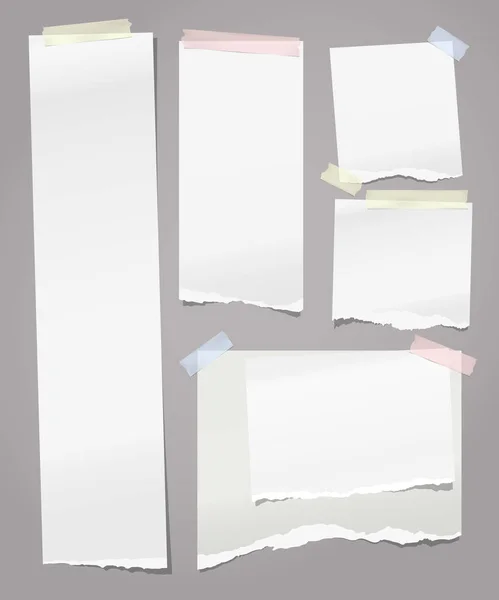 Gescheurd notitie, Notebook papier strips geplakt met Sticky tape op grijze achtergrond. Vector illustratie — Stockvector