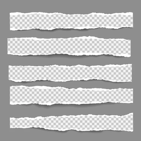 Set of torn, ripped, squared paper strips with soft shadow are on dark grey background. Vector template illustration — Stock Vector