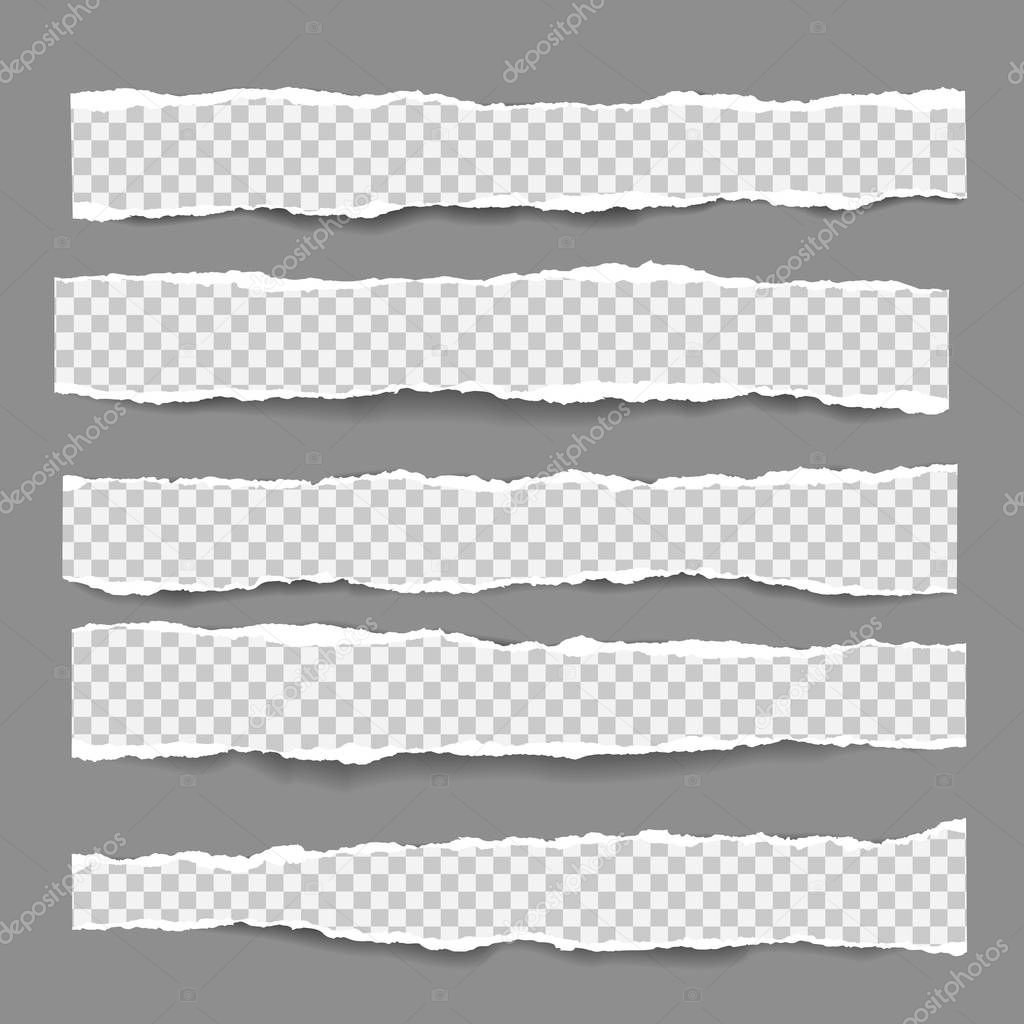 Set of torn, ripped, squared paper strips with soft shadow are on dark grey background. Vector template illustration