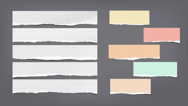 Blanc et coloré déchiré, note déchiré, bandes de papier pour ordinateur portable, collé sur fond noir. Illustration vectorielle — Image vectorielle