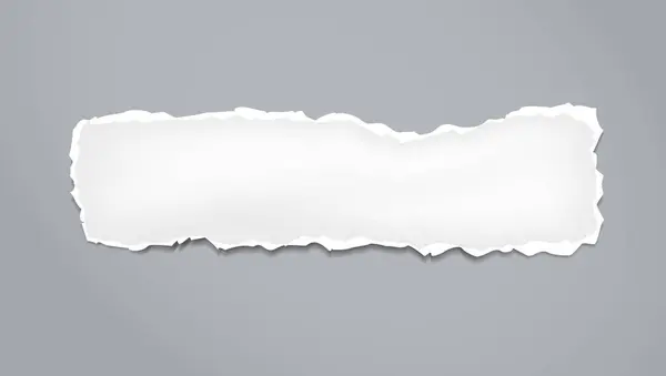 Pedaço de rasgado faixa de papel horizontal branco com sombra macia é sobre fundo cinza. Ilustração vetorial — Vetor de Stock