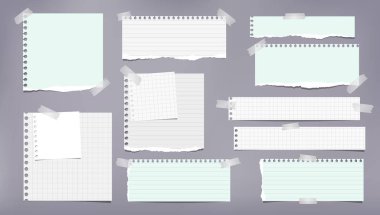Yırtık beyaz ve yeşil nota seti, dizüstü şerit, çizgili ve kare kağıt parçaları gri arka plan üzerinde yapışkan bant ile sıkışmış. Vektör çizimi