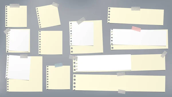 Set van wit en geel notitie, Notebook papier stukken geplakt met Sticky tape op donkere grijze achtergrond. Vector illustratie — Stockvector