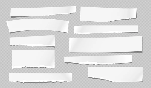 Conjunto de notas brancas rasgadas, pedaços de papel de caderno presos no fundo cinzento. Ilustração vetorial — Vetor de Stock