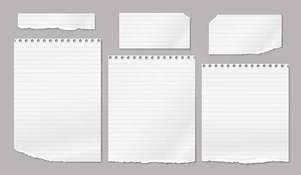 Conjunto de notas blancas rotas, tiras de cuaderno, piezas de papel con sombra suave pegadas sobre fondo marrón. Ilustración vectorial — Archivo Imágenes Vectoriales