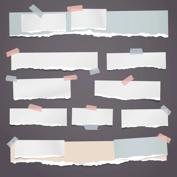 Set of torn white and colorful note, notebook strips, paper pieces stuck with sticky tape on dark background. Vector illustration — Stock Vector