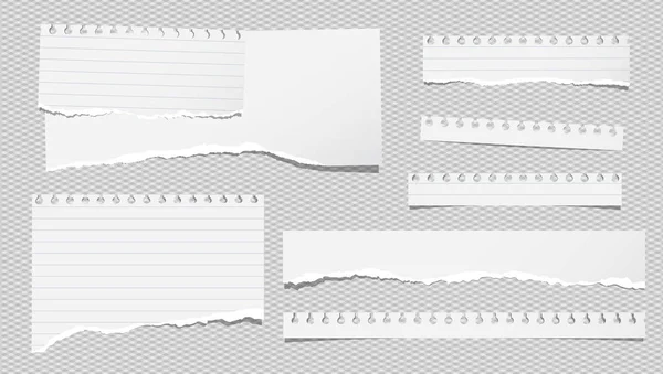 Set of torn white note, notebook paper pieces stuck on grey squared background. Vector illustration — Stock Vector