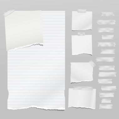 Yırtık beyaz not seti, gri arka plan üzerine yapışmış bant ile dizüstü bilgisayar kağıt parçaları. Vektör çizimi