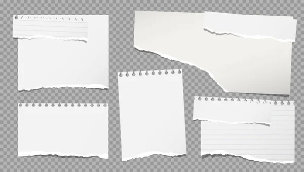 Conjunto de notas blancas desgarradas, piezas de papel de cuaderno pegadas sobre fondo cuadrado gris. Ilustración vectorial — Vector de stock