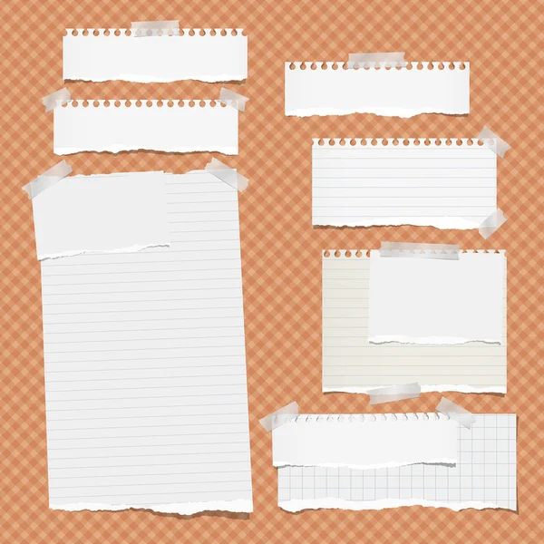 Torn white note, notebook paper strips stuck with sticky tape on squared orange background. Vector illustration — Stock Vector