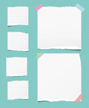 Yırtık beyaz bir not, karesi turkuaz olan yapışkan bantla yapıştırılmış not defteri şeritleri. Vektör illüstrasyonu