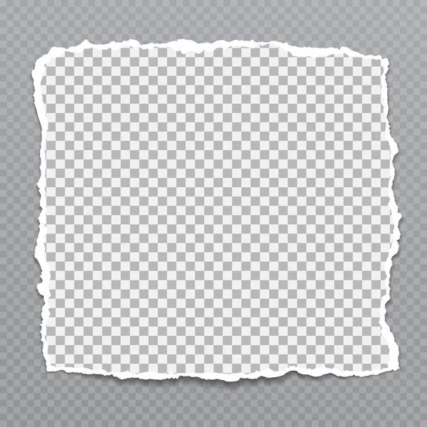 Kousek roztrhaného, bílého čtvercového realistického papíru s měkkým stínem je na šedém pozadí. Vektorová ilustrace — Stockový vektor
