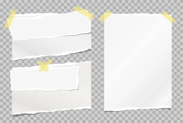 Nota blanca desgarrada, tiras de papel de cuaderno pegadas con cinta adhesiva sobre fondo cuadrado gris. Ilustración vectorial — Vector de stock