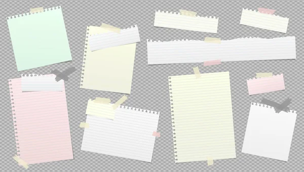 Yırtık beyaz ve renkli notlar, koyu gri arka planda yapışkan bantlarla yapıştırılmış not defteri şeritleri. Vektör illüstrasyonu — Stok Vektör
