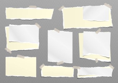 Yırtık beyaz ve sarı notlar, gri arka planda yapışkan bantla yapıştırılmış not defteri parçaları. Vektör illüstrasyonu