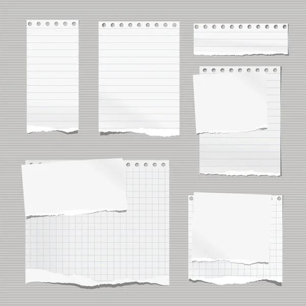 Yırtık beyaz, çizgili not defteri, gri arka planda takılı kalmış kağıt şeritler. Vektör illüstrasyonu — Stok Vektör