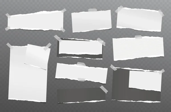 Nota rasgada branca e preta, pedaços de papel de caderno presos no fundo quadrado escuro. Ilustração vetorial — Vetor de Stock