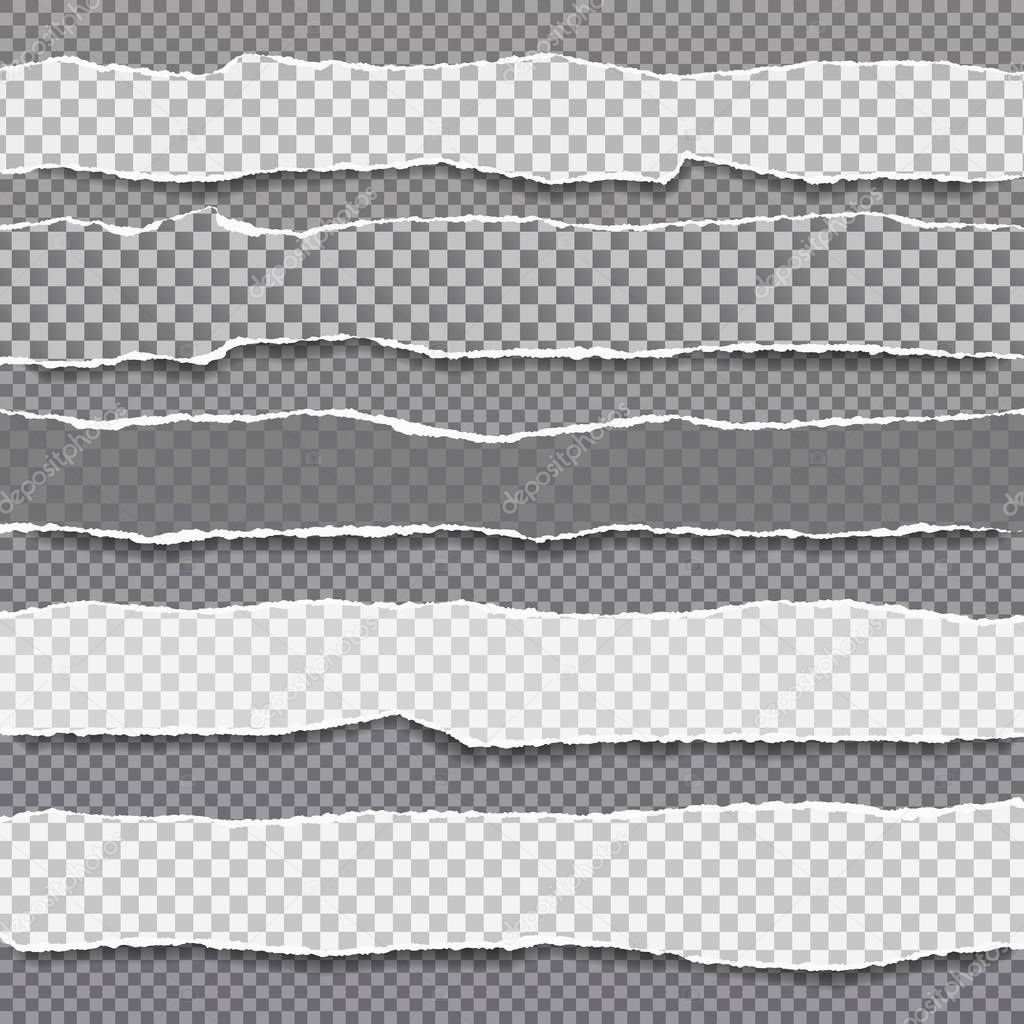 Pieces of torn, white squared realistic horizontal paper strips with soft shadow are on dark grey background. Vector illustration