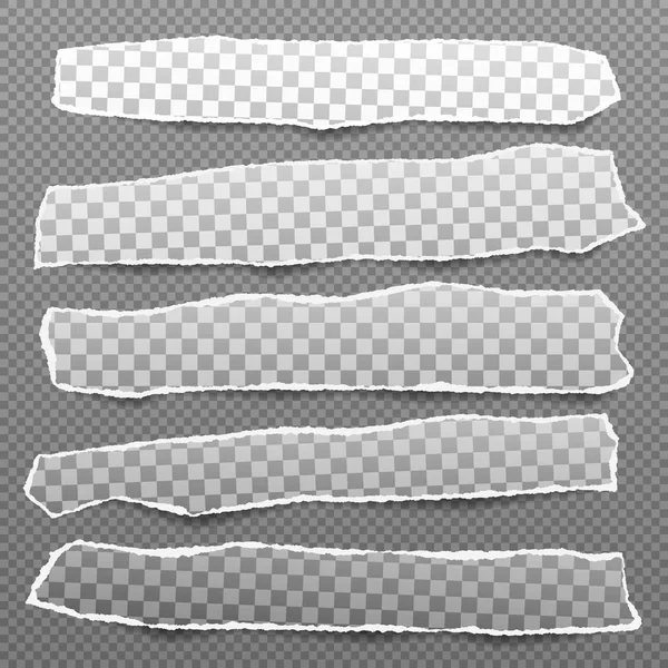 Pieces of torn, white squared realistic horizontal paper strips with soft shadow are on grey background. Vector illustration — Stock Vector